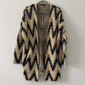 Maje Marion Wool Knit Reversible Jacquard Open Cardigan Tan Gold Black 1 Small